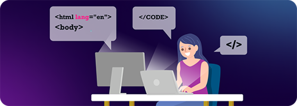 A cheerful coder typing, with technical symbols and back-end code speach bubbles