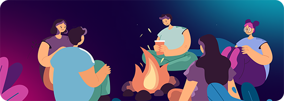 Drawing of happy diverse people in checked shirts storytelling around a campfire.