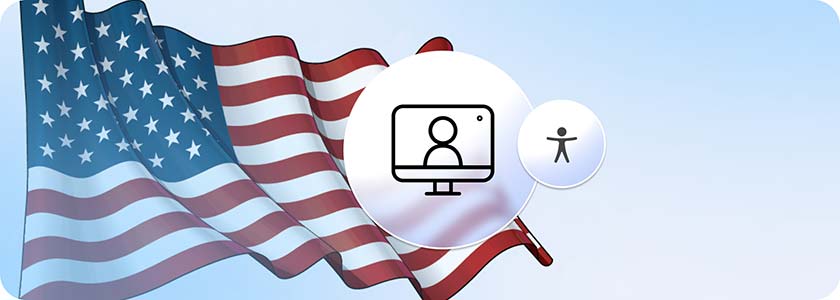 US flag with icons overlayed symbolizing virtual meetings and accessibility.