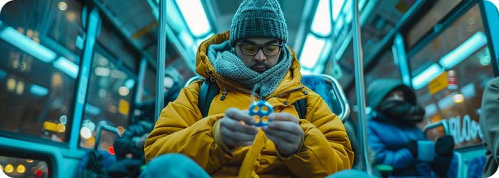 An adult using a fidget spinner while sitting on a crowded bus.