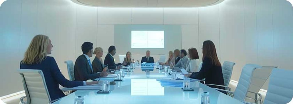 A corporate meeting room with diverse executives reviewing a report, printed out or on screen.