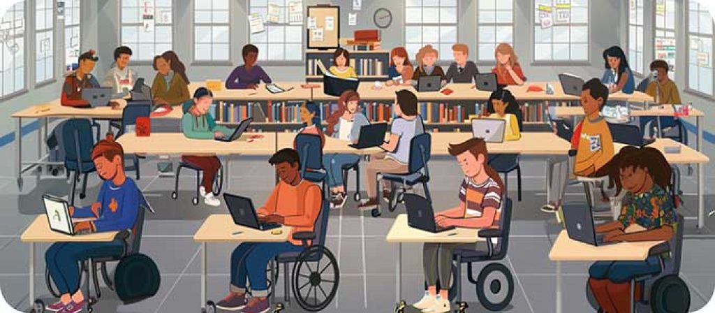 diverse teen students in classroom wheelchairs desks