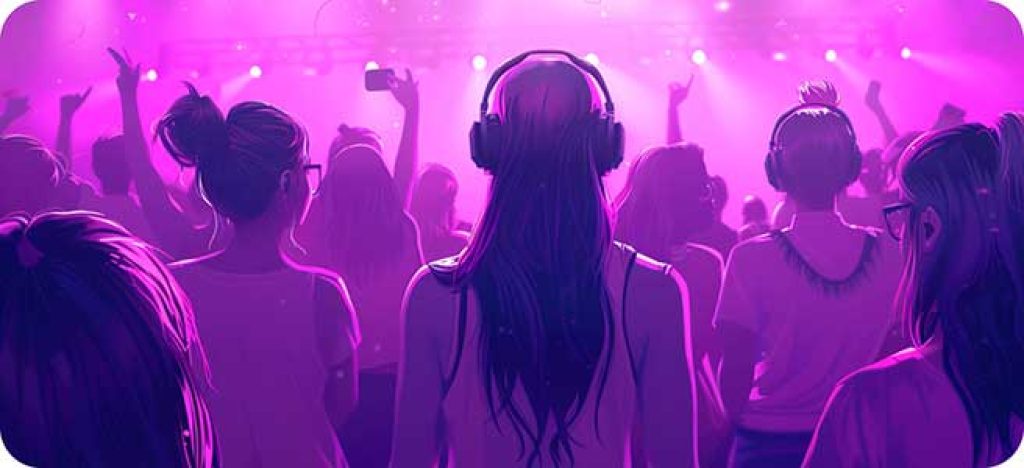 A group of teenage friends at a concert, with one person using a headset for audio description.