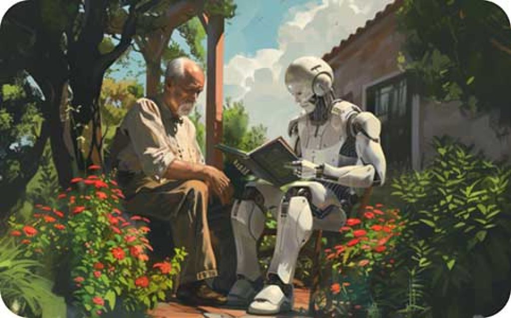 An older person sits outdoors or in a garden with a robotic caretaker, reading a book together.