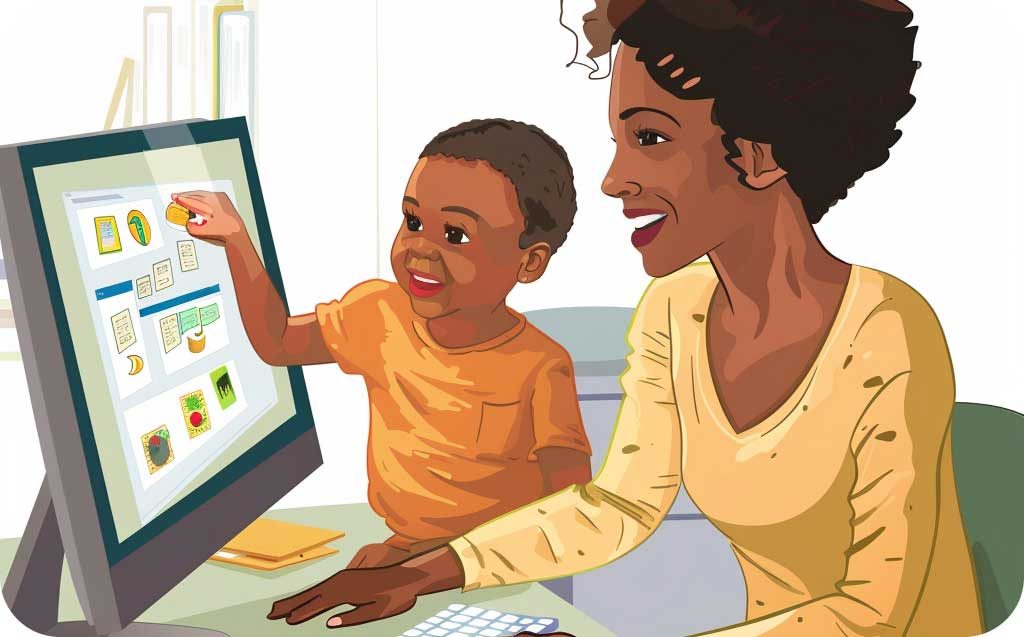 A parent sits with a child, using image-based teaching tools on a computer screen.