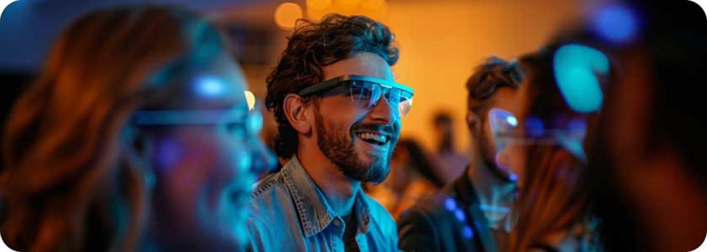 Several people at a party are conversing and laughing together. One smiling partygoer is wearing smart glasses and engaging in the conversation.