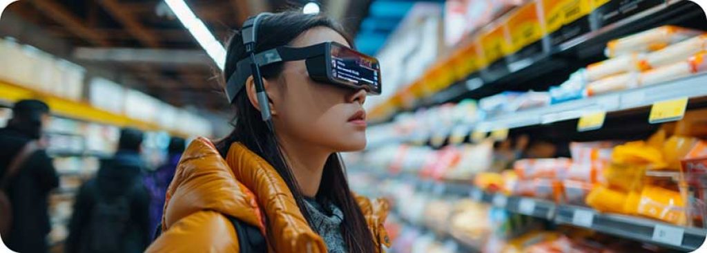 A person with low vision using smart glasses is shopping in a busy grocery store. The display on the glasses shows text on physical objects being scanned and read aloud through headphones.