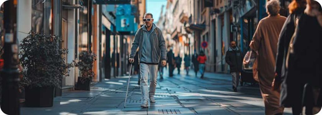 A person with low vision using smart glasses while walking down a busy sidewalk. The person has a cane in one hand and is looking confidently forward.