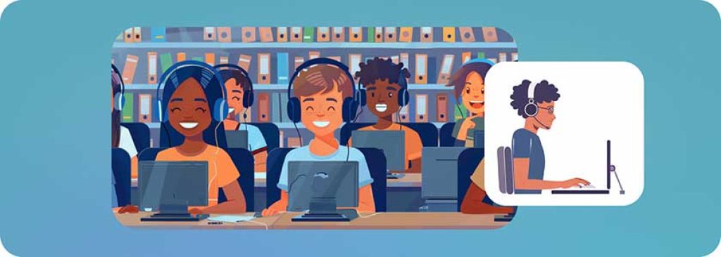 A smiling group of diverse students working together in a classroom, using screen readers, Braille displays and notetakers, wearing headphones etc.