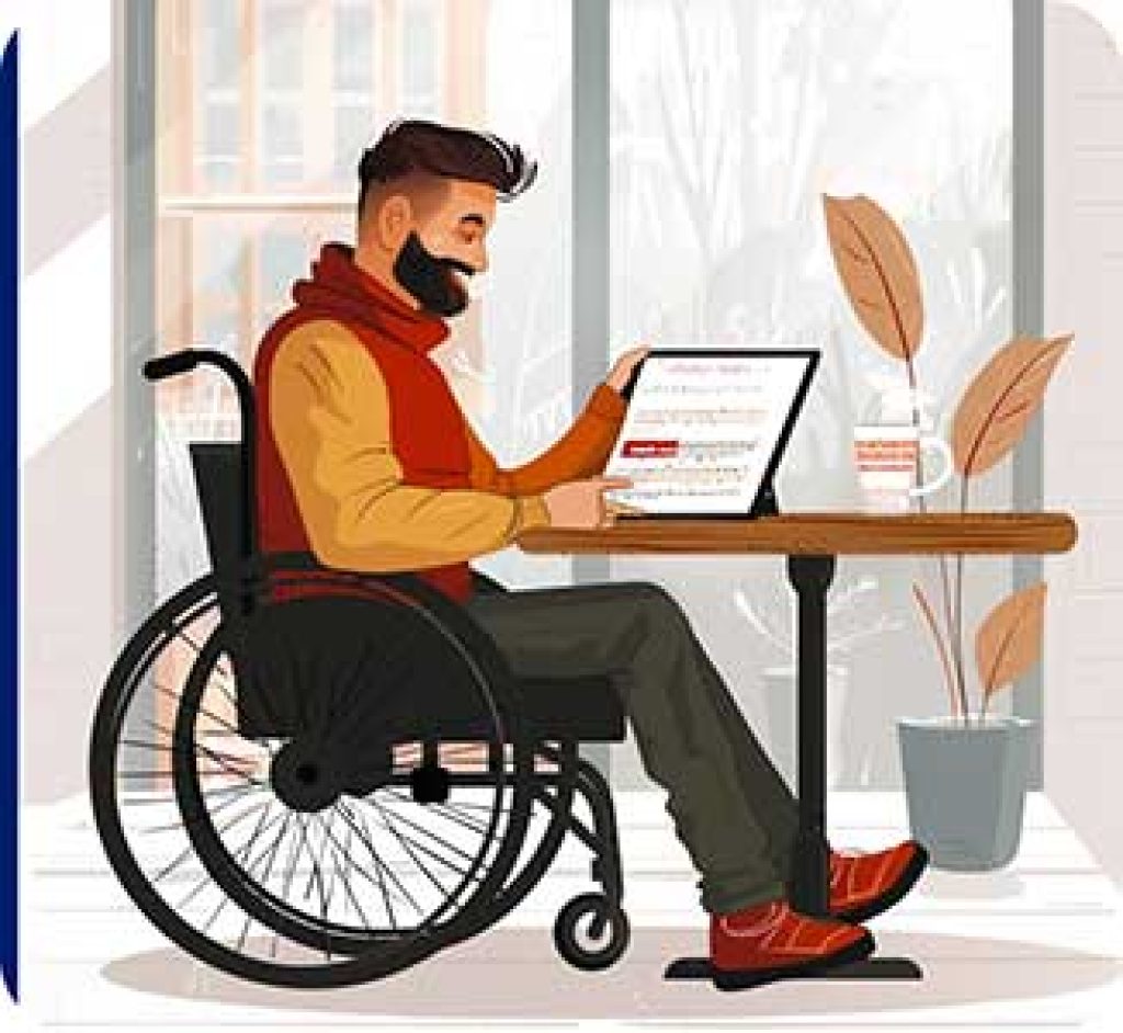 A smiling person in a wheelchair browsing a large text menu on a tablet, sitting at a cafe table.