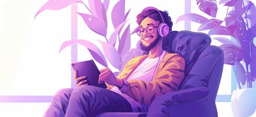 A smiling young person with thick glasses, relaxing on a couch, using a tablet and headphones.