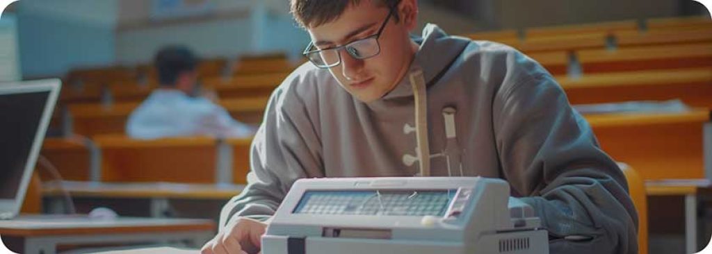 A visually impaired young adult student using a Braille reader in a university classroom setting.