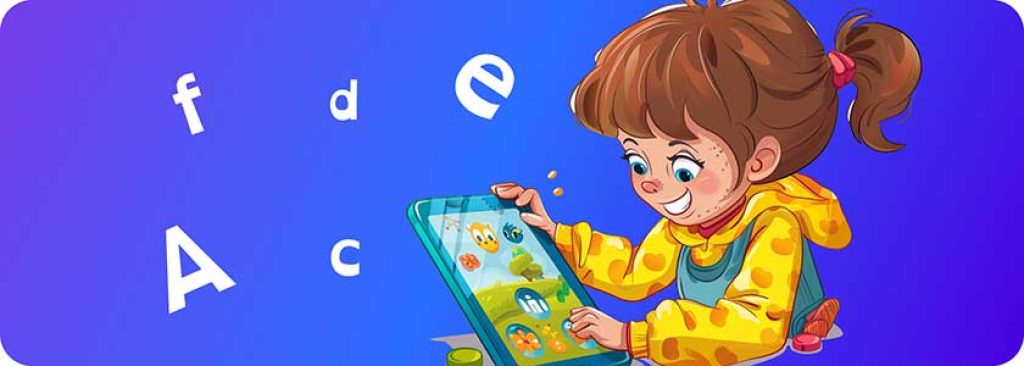 A young child cheerfully playing an educational game on a tablet, with colorful graphics and dyslexia-friendly fonts.