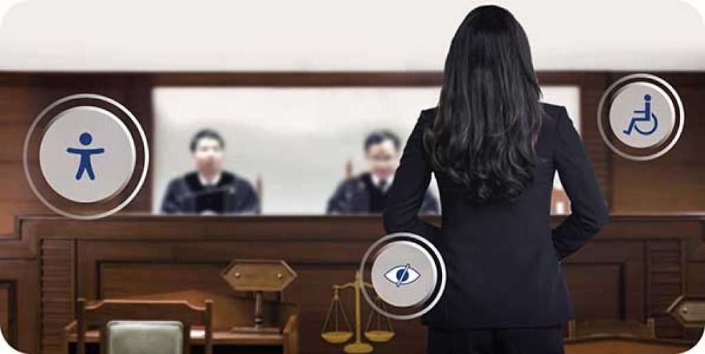 An illustration of a courtroom with accessibility icons overlaid depicting the trial is for a lawsuit against a company that did not ensure their website was accessible to people with disabilities 