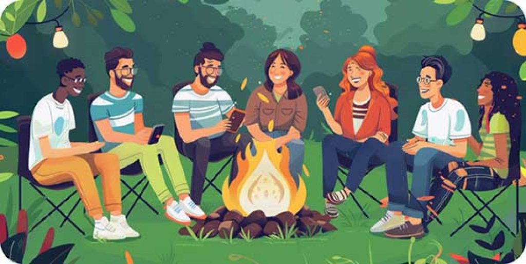 A group of smiling people seated around a campfire. The setting and background are in nature, but they are using AAC devices to communicate.
