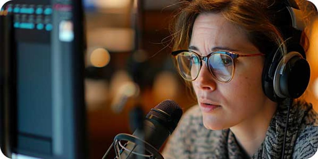 A professional woman wearing glasses, dictating into a microphone near a computer.
