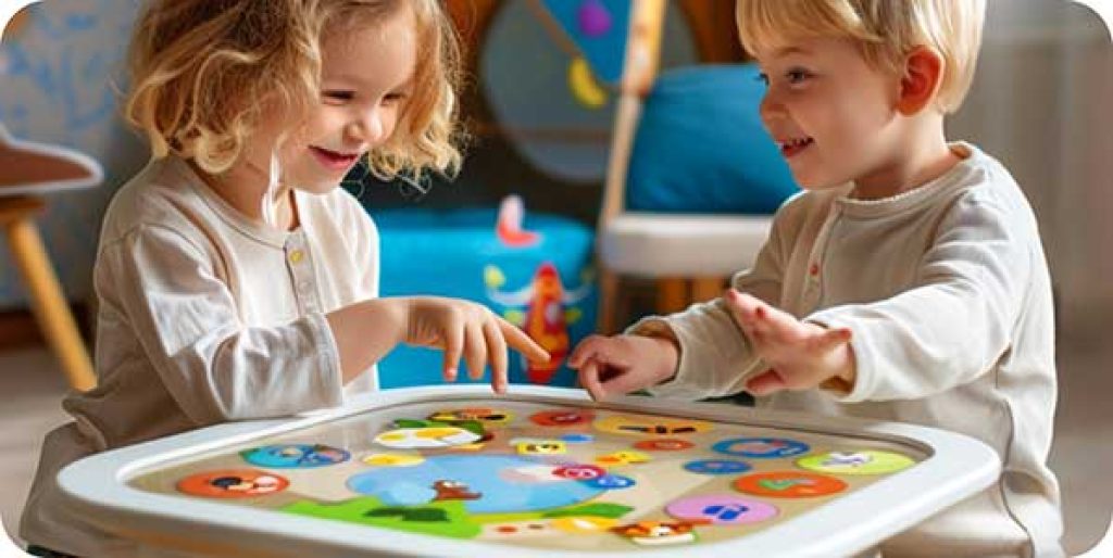Children playing on a table with large buttons and icons to help with learning.